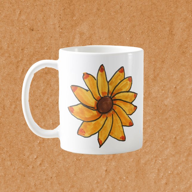 Taza De Café Flor giratoria giratoria de mano amarilla (A mug with a hand drawn yellow sunflower.)