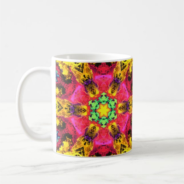 Taza De Café Flor hippie psicodélica rosa amarillo y verde (Izquierda)