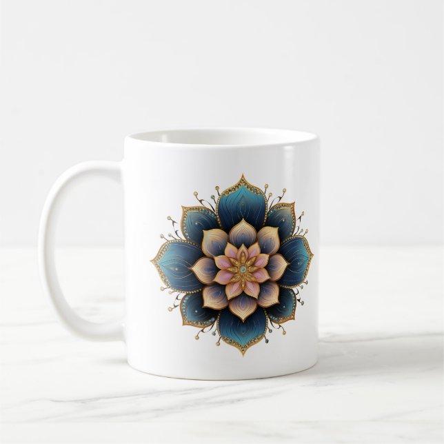 Taza De Café Flor Mandala Lotus con cristales resplandecientes (Izquierda)