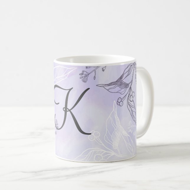 Taza De Café Flor morada gris blanco en un guión de monograma (Anverso derecho)