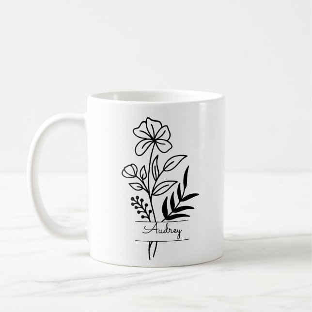 Taza De Café Flor Negra Personalizada Ilustrada Con Nombre (Izquierda)