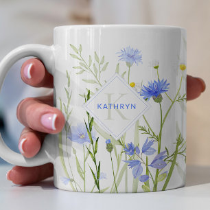 Taza De Café Flor Personalizada Azul Monograma
