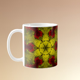Taza De Café Flor psicodélica caleidoscópica roja y amarilla