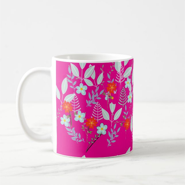 Taza De Café Flor Roja + Hojas Rosa Caliente (Izquierda)