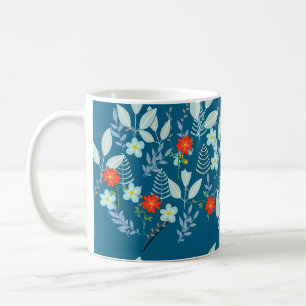 Taza De Café Flor Roja + Hojas Verde Azulado