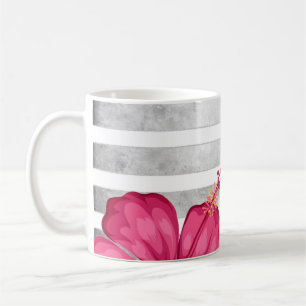 Taza De Café Flor rosa acuarela en franja blanca y negra