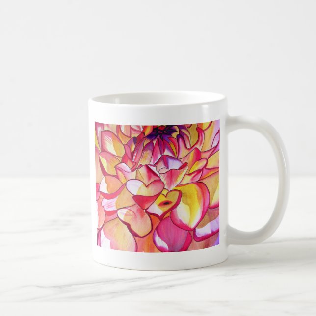 Taza De Café Flor rosa de Dahlia acuarela arte fino (Derecha)
