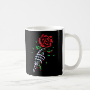 Taza De Café Flor rosa roja de la mano del esqueleto