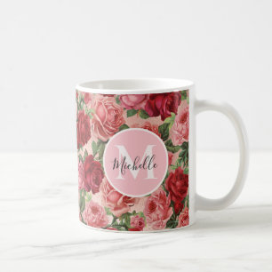Taza De Café Flor rosa rosa rosa vintage Monogramada Mug