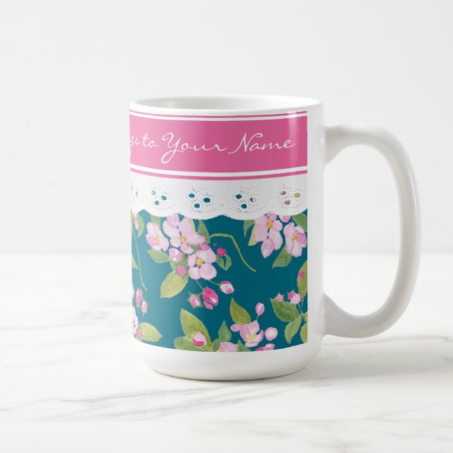 Taza De Café Flor rosa sobre azul oscuro con encaje falso (Derecha)