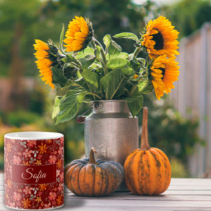 Taza De Café Flor rústica Boho patrón acuarela rojo oscuro