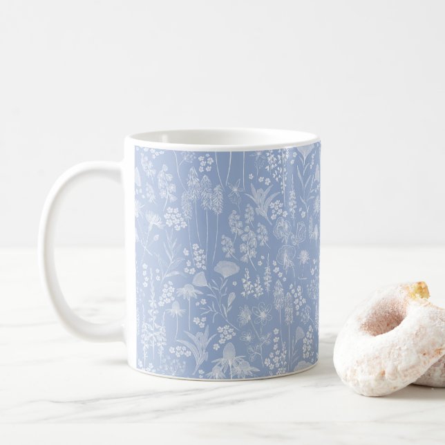 Taza De Café Flor silvestre pradera blanca en café azul Mug (Con donut)