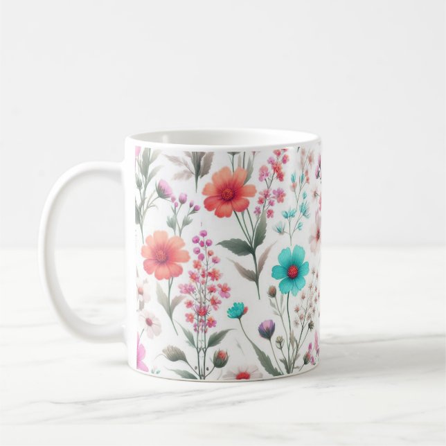 Taza De Café Flor silvestre pradera blanco, verde, azul, marrón (Izquierda)