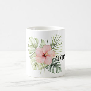 Taza De Café Flor Tropical de Hibisco Rosa Hojas Aloha