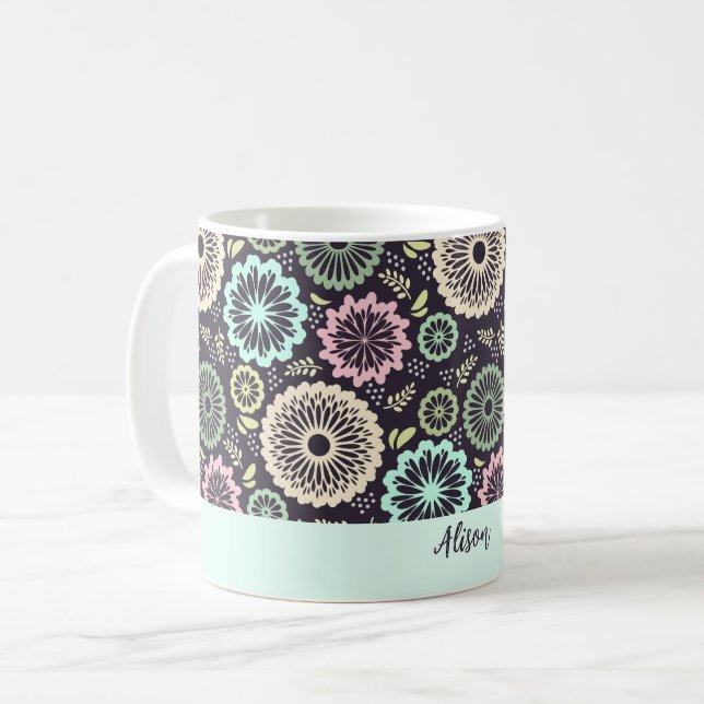 Taza De Café Flor verde azulada rosa pastel suave Nombre floral (Anverso izquierdo)