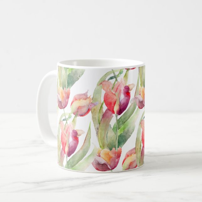 Taza De Café Flora acuarela de tulipanes de primavera (Anverso izquierdo)