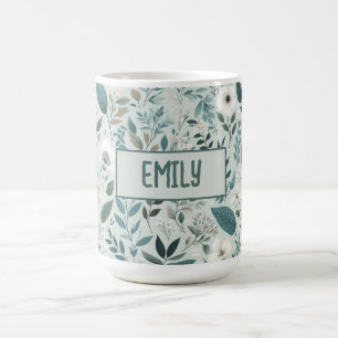 Taza De Café Flora de color de agua Verde azulada de marfil bla