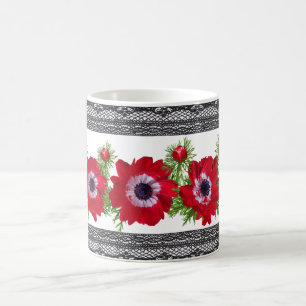 Taza De Café Flora roja con borde de encaje negro