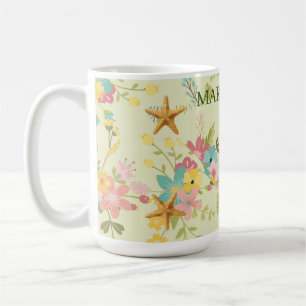 Taza De Café Floraciones verdes amarillas rosadas personalizada