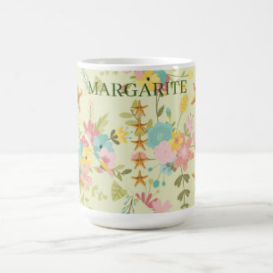 Taza De Café Floraciones verdes amarillas rosadas personalizada