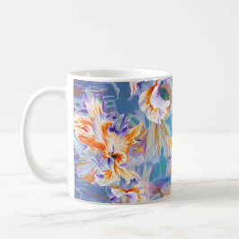 Taza de café floral abstracta de naranja y azul vi