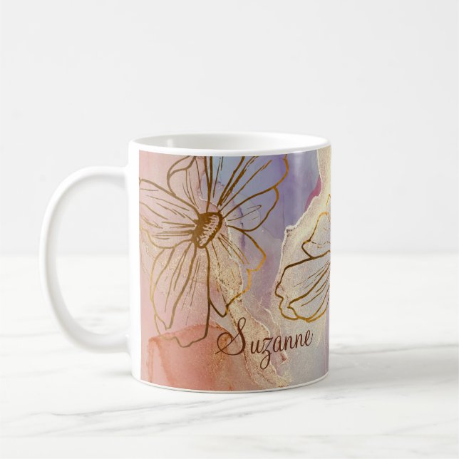 Taza De Café Floral abstracta púrpura con nombre (Izquierda)