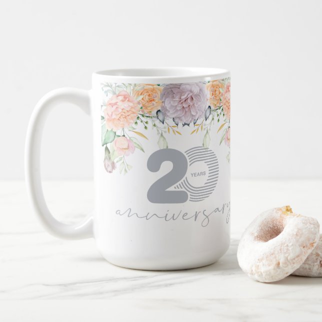 Taza De Café Floral acuarela 20° Aniversario Boda (Con donut)