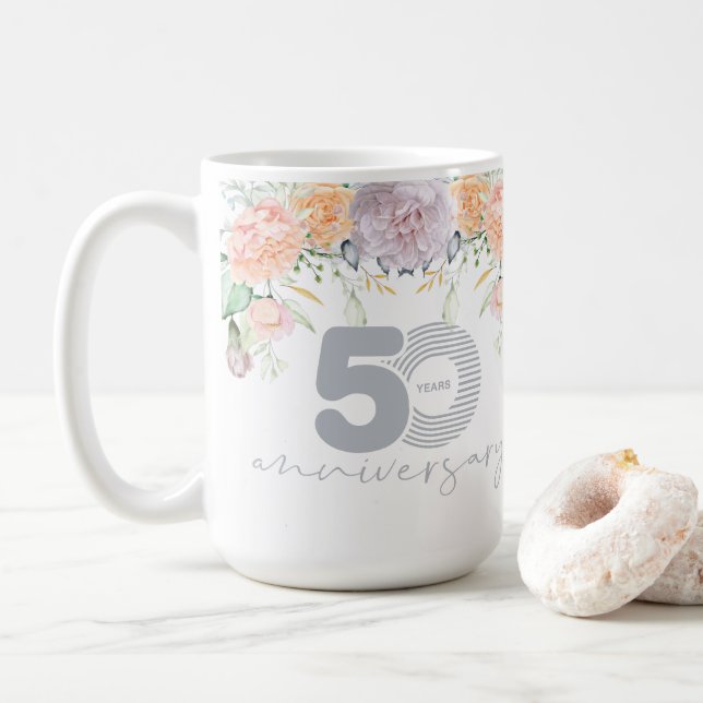 Taza De Café Floral acuarela 50 aniversario Boda (Con donut)