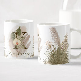 Taza De Café Floral acuarela Boho Personalizado Monograma Nombr
