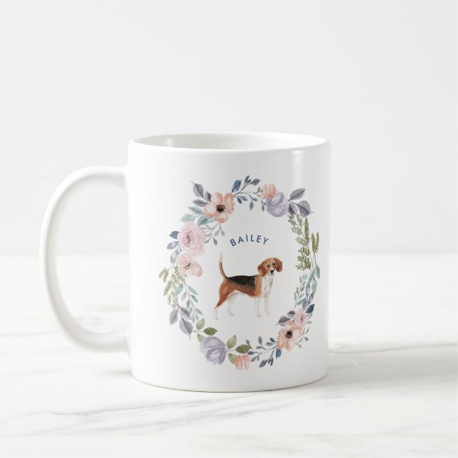 Taza De Café Floral acuarela de bonito | Perro Beagle (Izquierda)
