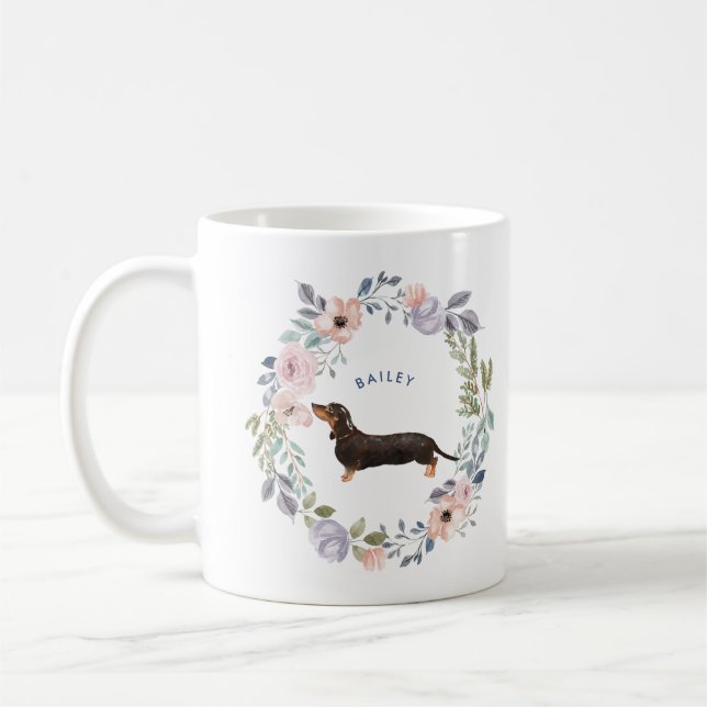 Taza De Café Floral acuarela de bonito | Perro de Dachshund (Izquierda)