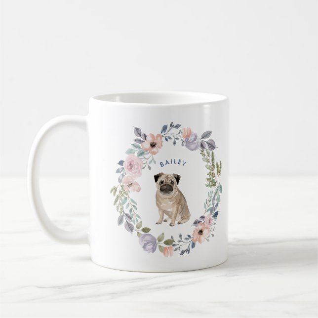 Taza De Café Floral acuarela de bonito | Perro Pug (Izquierda)