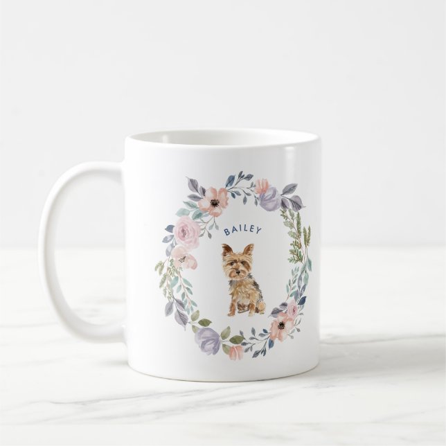 Taza De Café Floral acuarela de bonito | Perro Terrier de Yorks (Izquierda)