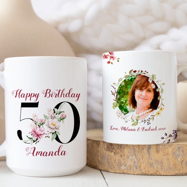 Taza De Café Floral acuarela feliz 50 cumpleaños foto Personali (Subido por el creador)