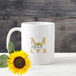 Taza De Café Floral acuarela girasoles Monograma Nombre
