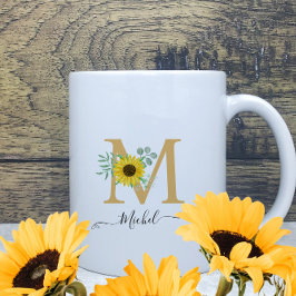 Taza De Café Floral acuarela girasoles Monograma Nombre