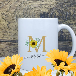 Taza De Café Floral acuarela girasoles Monograma Nombre