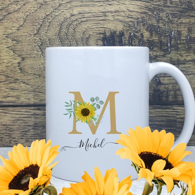 Taza De Café Floral acuarela girasoles Monograma Nombre (Subido por el creador)