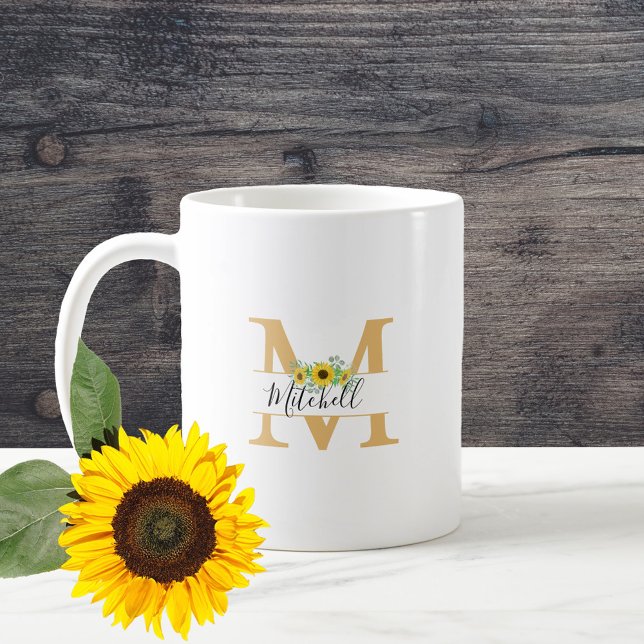 Taza De Café Floral acuarela girasoles Monograma Nombre (Subido por el creador)