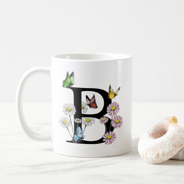 Taza De Café Floral acuarela Mariposa Monograma B (Con donut)