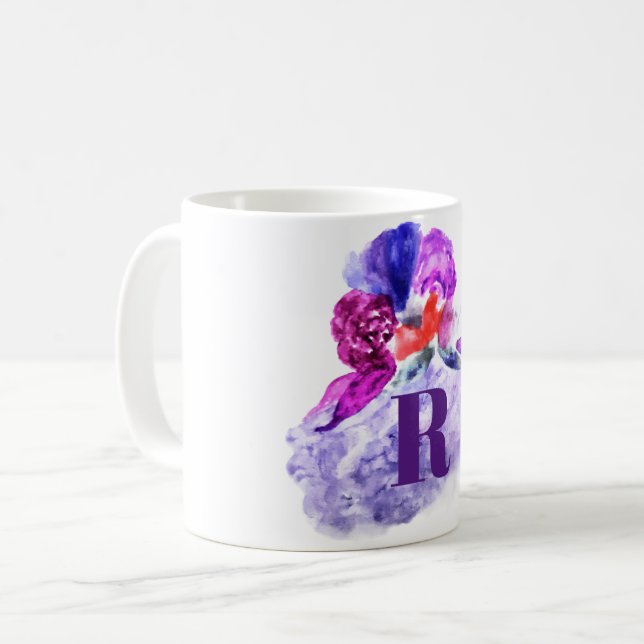 Taza De Café Floral acuática rosa y violeta monogramada (Anverso izquierdo)