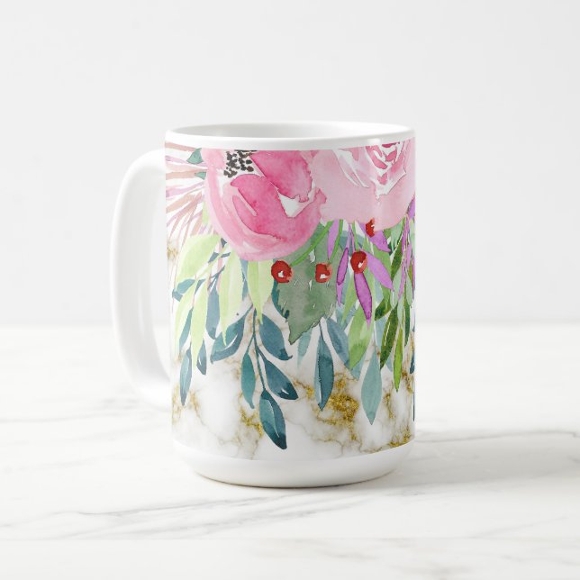 Taza De Café Floral acuática y mármol dorado (Anverso izquierdo)