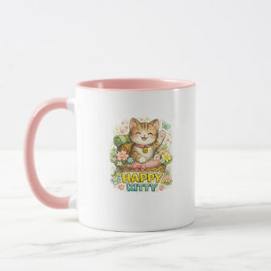 Taza de café floral adorable gatito feliz