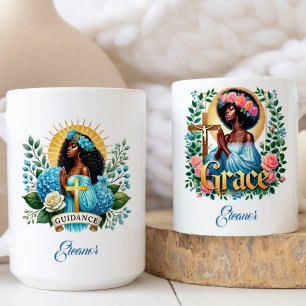 Taza De Café Floral azul hermosa rezando mujer negra