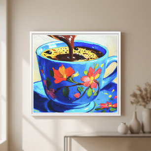 Taza de café floral azul moderno en lienzo cuadrad
