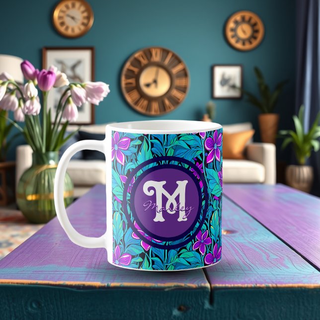 Taza De Café Floral azul morada y Verde azulada personalizada d (Subido por el creador)