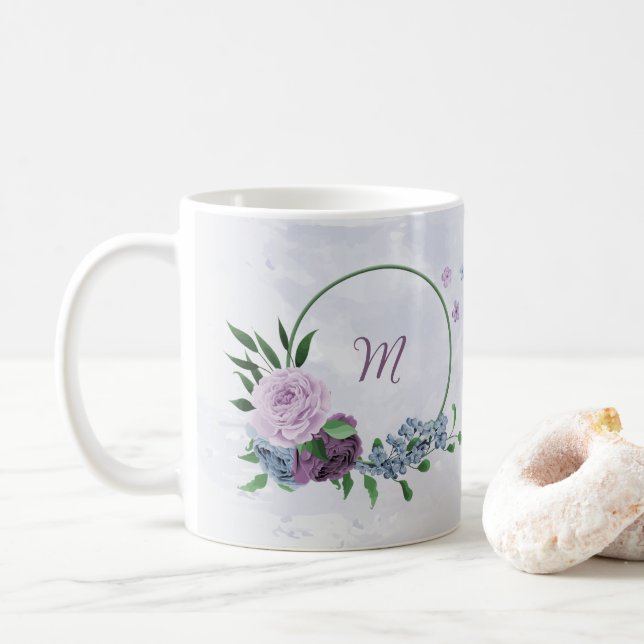 Taza De Café Floral azul polvoriento púrpura (Con donut)