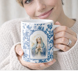 Taza De Café Floral azul religiosa Bendita Madre María