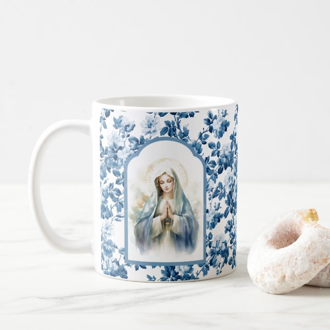 Taza De Café Floral azul religiosa Bendita Madre María (Con donut)
