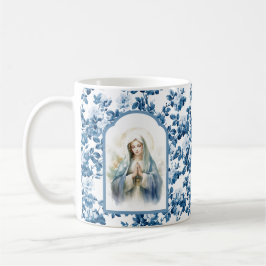Taza De Café Floral azul religiosa Bendita Madre María